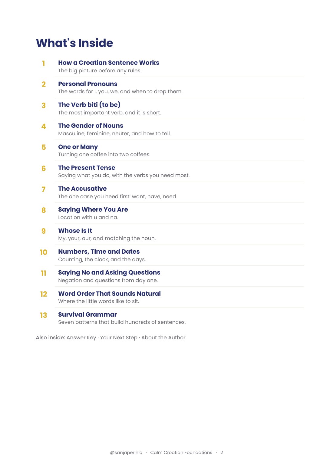 The Calm Croatian Foundations 13-chapter contents